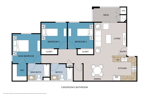 Floor plan for 3 beds, 2 baths, 1111 sqft